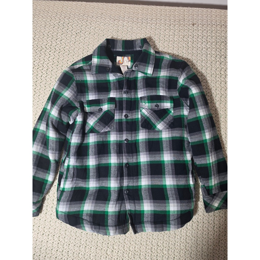 Ocean Pacific Flannel Shirt Jacket Mens M Green Plaid Sherpa Lined Excellent OP